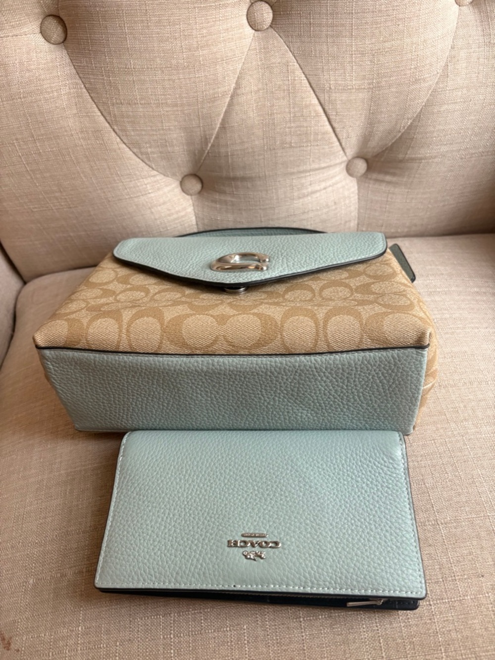 Coach Signature Canvas Crossbody with Light Blue Leather Trim and Wallet - Picture 5 of 6